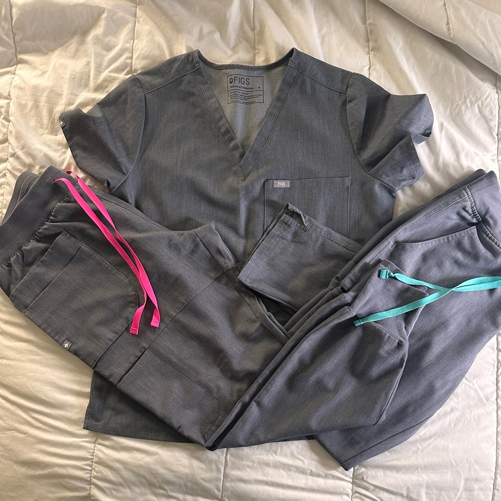 Figs Charcoal Scrub Top with 2 different Vibrant Pink and Aqua scrub bottoms